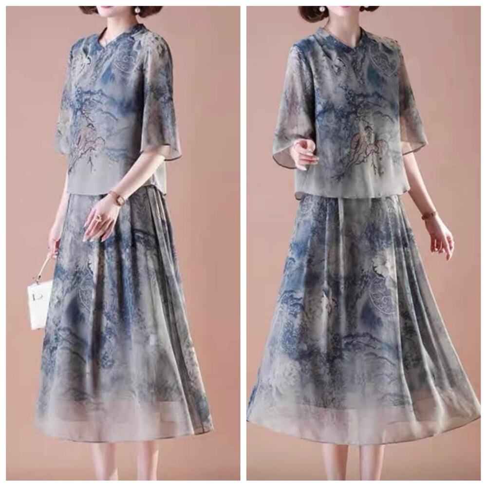Asian Style Retro Ethnic Print Two-Piece Skirt Set NWOT
